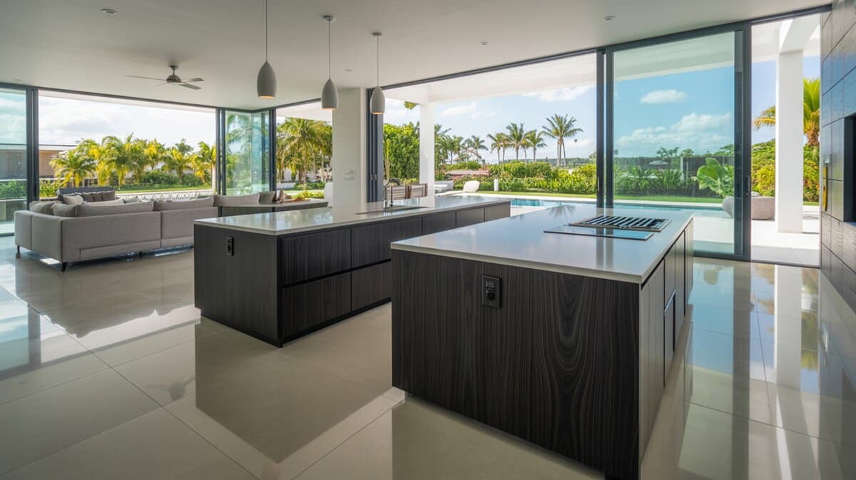 Ultra-modern kitchen with two dark wood islands and floor-to-ceiling windows overlooking a pool