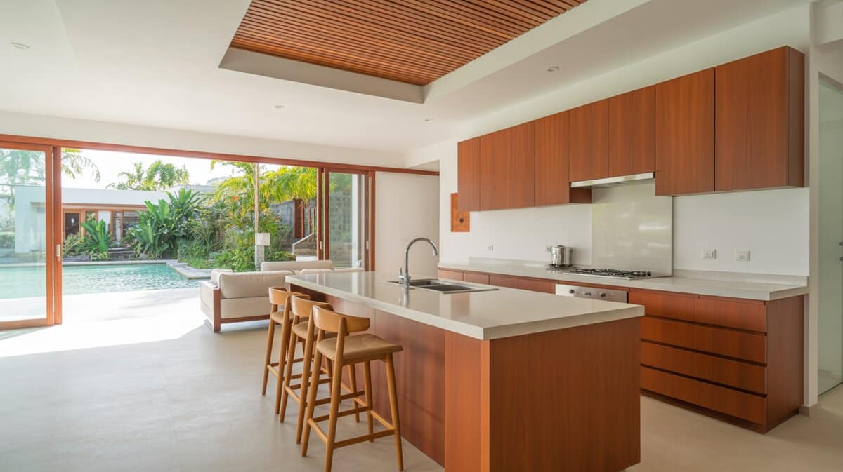 Modern open kitchen with teak wood island cabinets and sliding glass doors opening to tropical garden