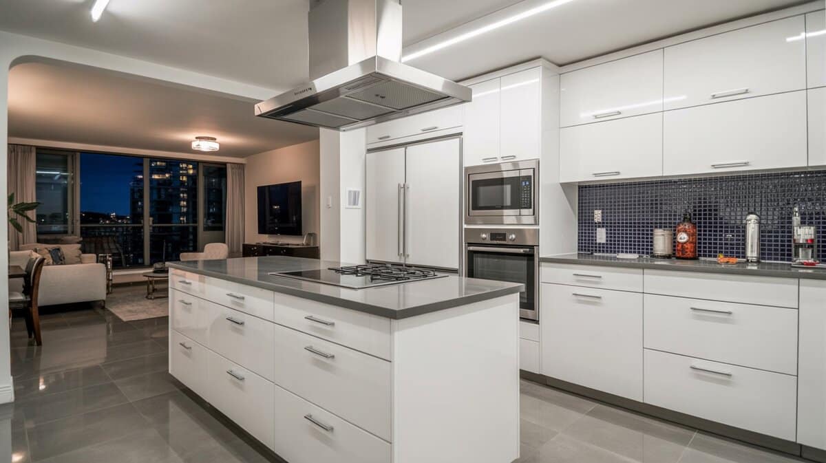 White gloss urban kitchen at night with navy mosaic backsplash and high-rise city views