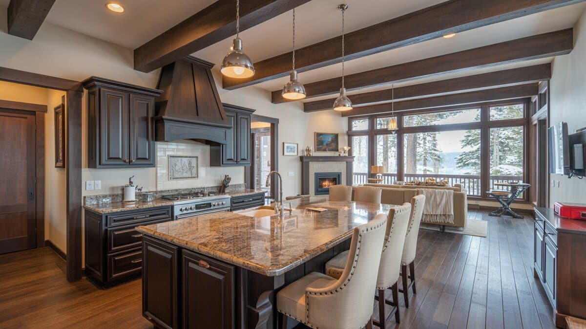 Mountain lodge kitchen with dark cabinets, gold granite island, and snowy pine tree views through windows
