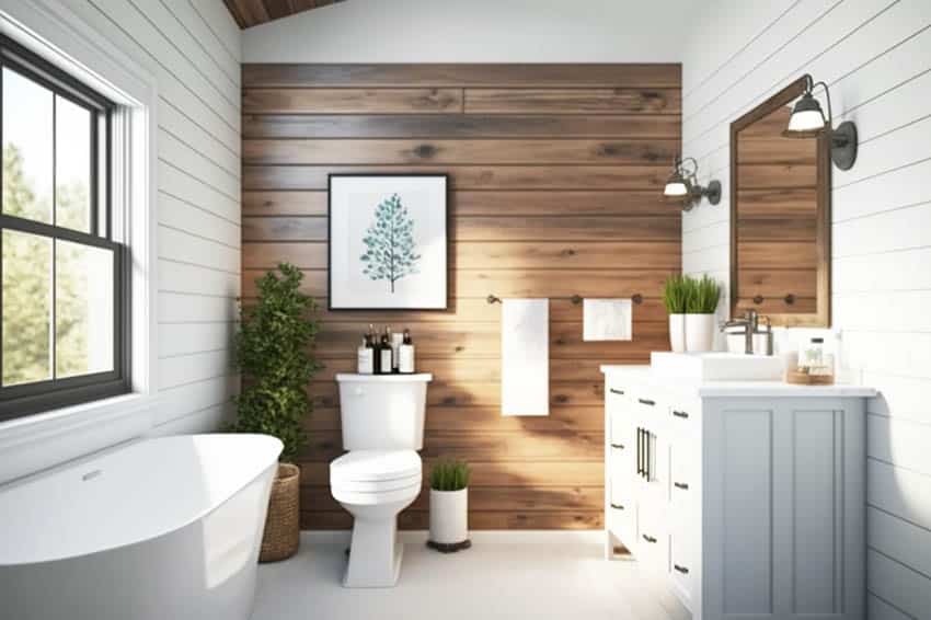 Natural wood shiplap accent wall in contemporary bathroom