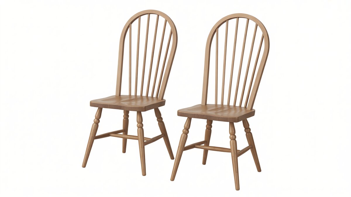 Natural wood Windsor spindle back chairs pair classic style