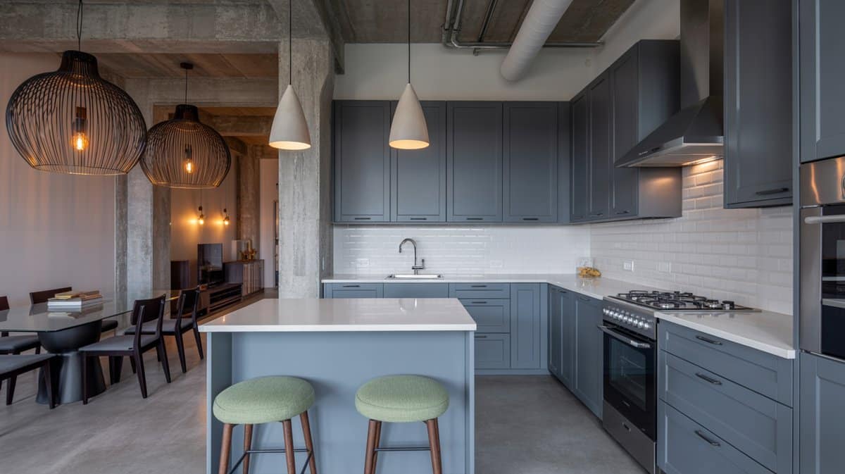 Open-plan blue-gray shaker kitchen with white quartz peninsula, woven wicker pendants, and a concrete loft ceiling.