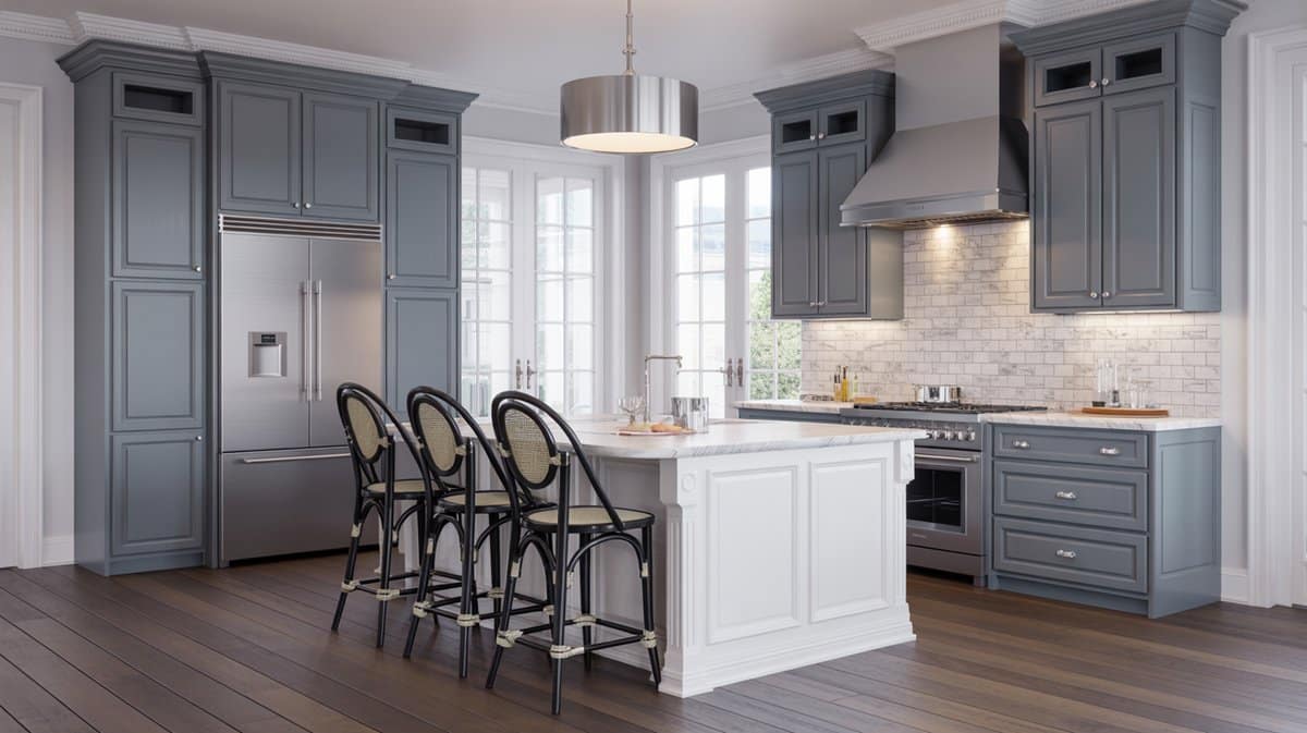 Slate-blue raised-panel kitchen with marble tile backsplash, a large drum pendant, and dark hardwood floors.