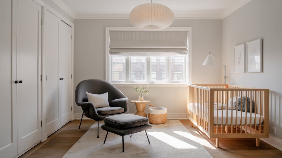 Nursery womb chair and ottoman with baby crib in light gray room