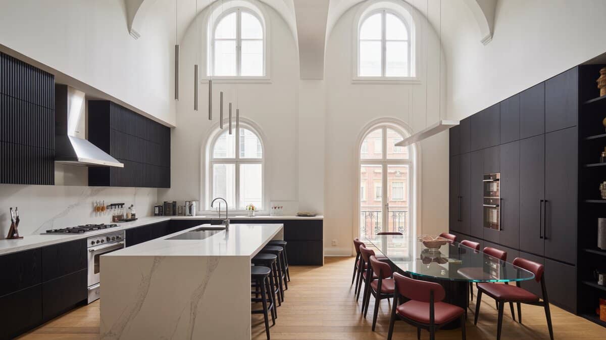 Dramatic black kitchen with vaulted arched windows, marble island, and burgundy leather dining chairs