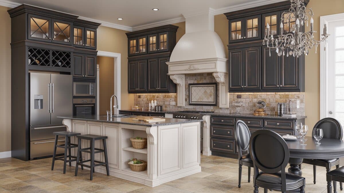 Traditional dark espresso kitchen with ornate white arched hood, cream island, and travertine tile floor