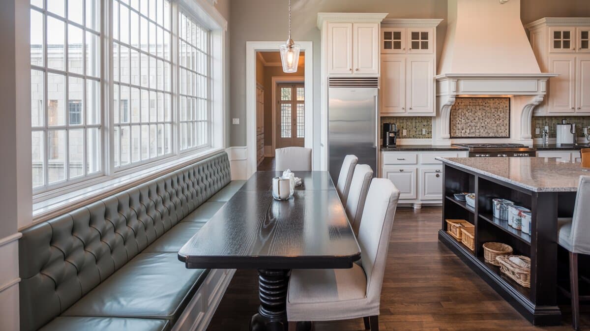 White shaker kitchen with dining nook featuring tufted gray leather banquette and tall grid windows