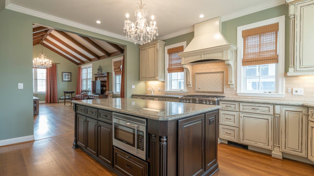 Cream glazed kitchen with espresso island, crystal chandelier, and vaulted ceiling with exposed beams