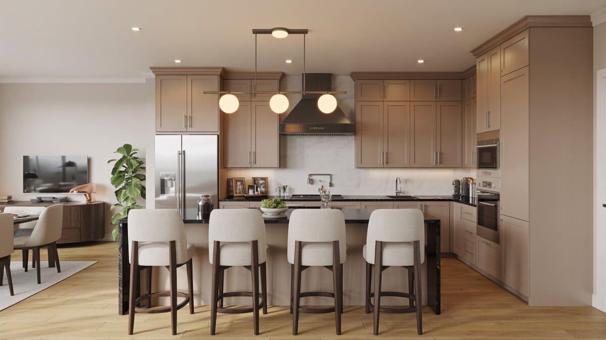 Taupe shaker kitchen with black granite peninsula, four white barstools, and globe pendant trio
