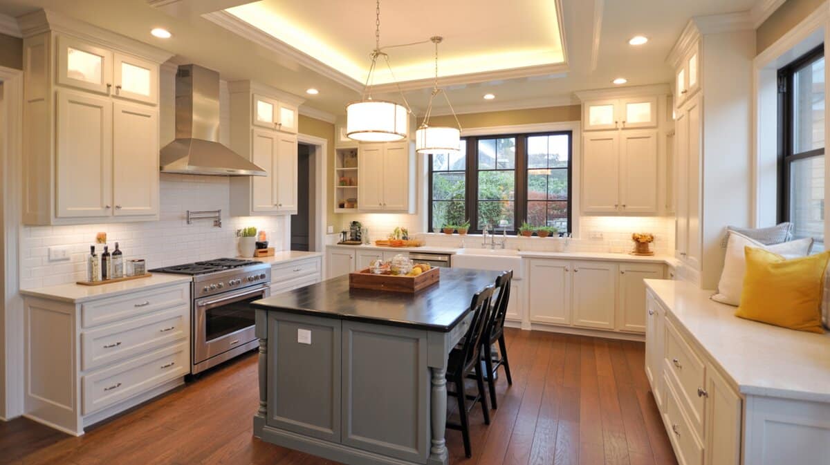 White shaker kitchen with gray island, black countertop, tray ceiling, and window seat nook with yellow cushion