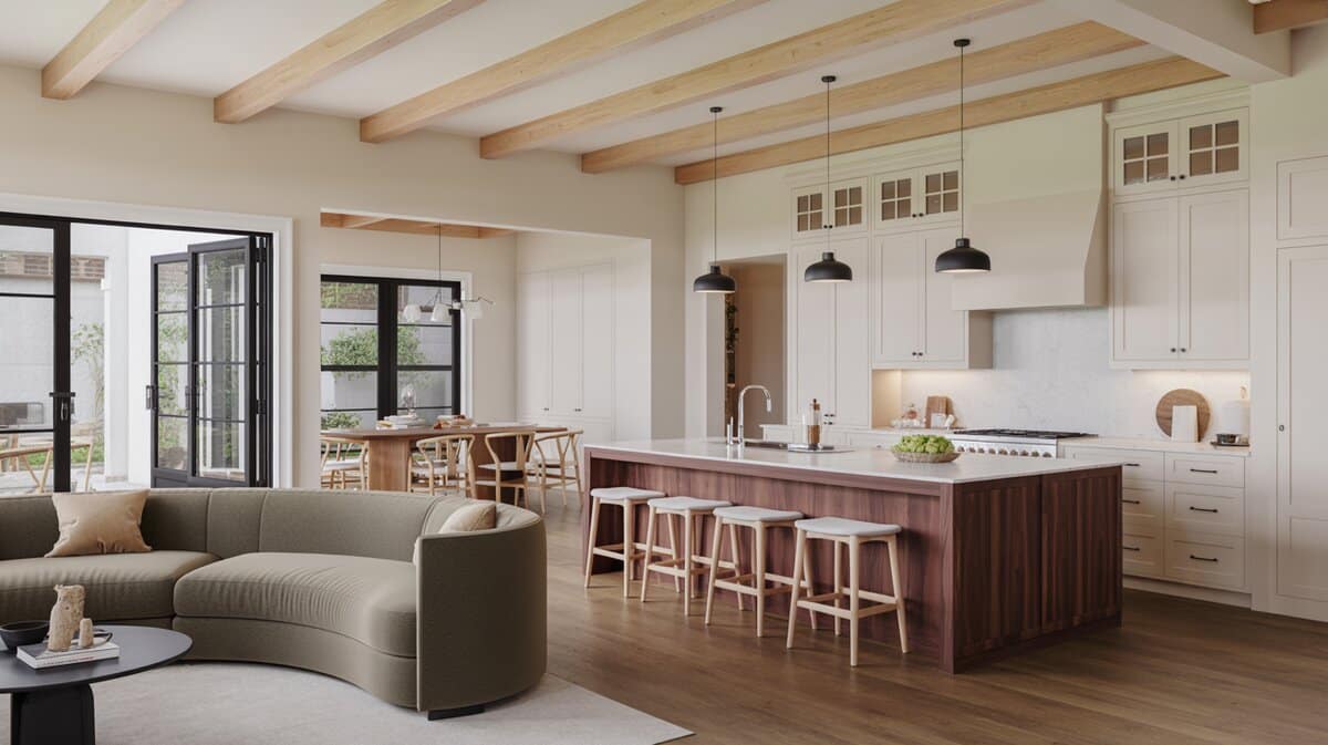 Cream shaker kitchen with walnut island, wood beam ceiling, and curved sofa beyond