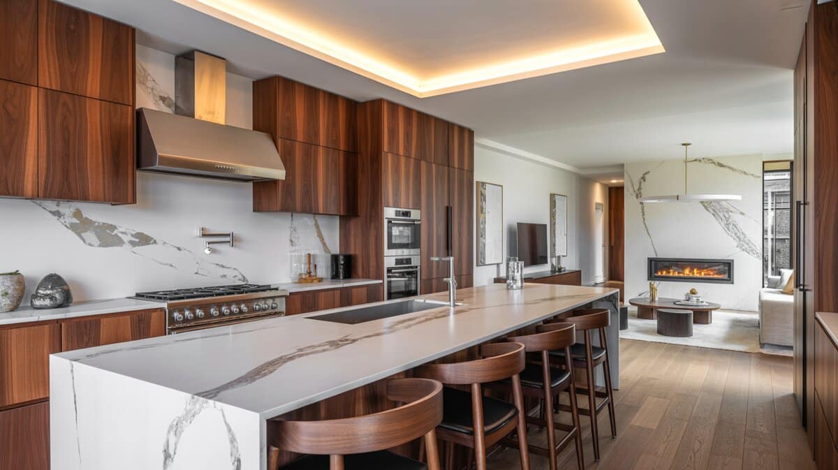 Contemporary kitchen with walnut cabinets, calacatta marble waterfall island, and cove-lit tray ceiling