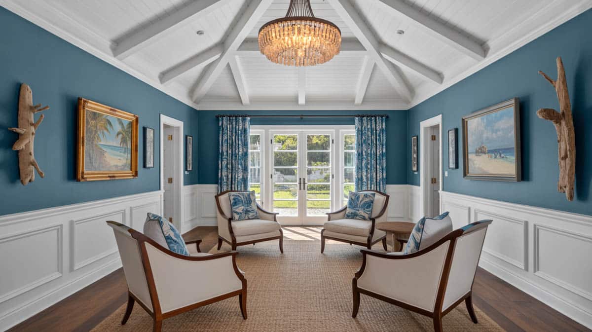 Steel blue wall paint gives this casual coastal-themed living space