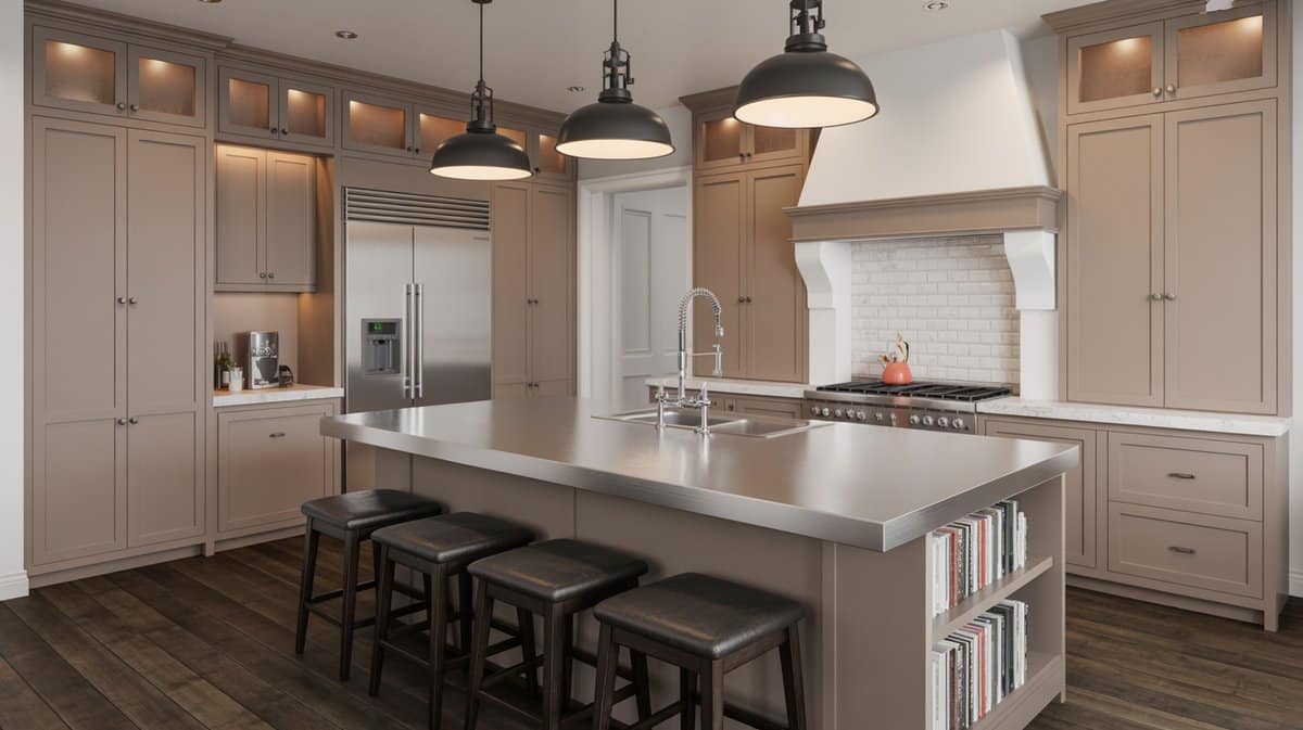 Warm taupe raised-panel cabinets with a stainless steel island top, black dome pendants, and dark wood floors.