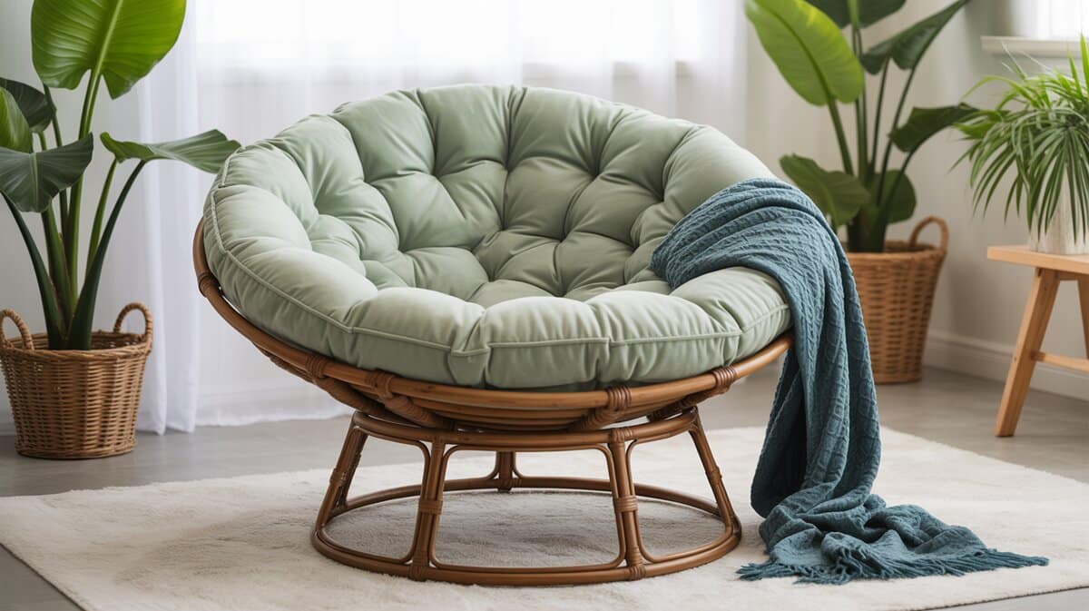 Papasan bowl chair with sage green cushion and rattan wicker base