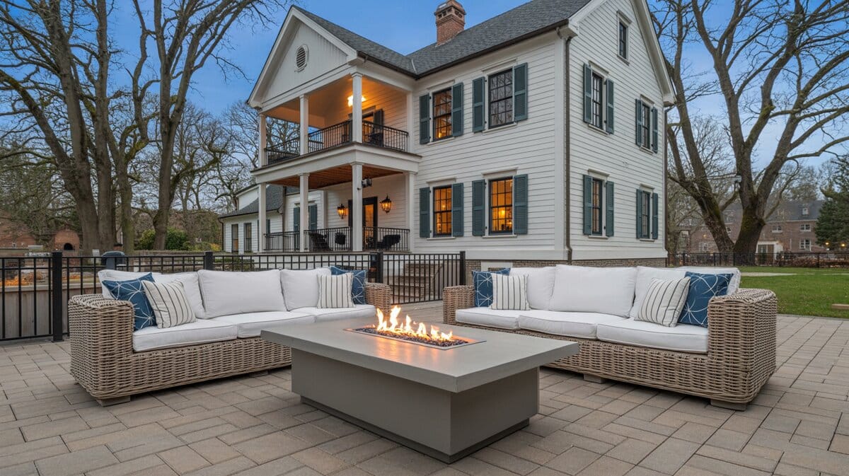 Paver patio at dusk with rectangular fire pit table, two wicker sofas, and a white colonial house glowing at twilight