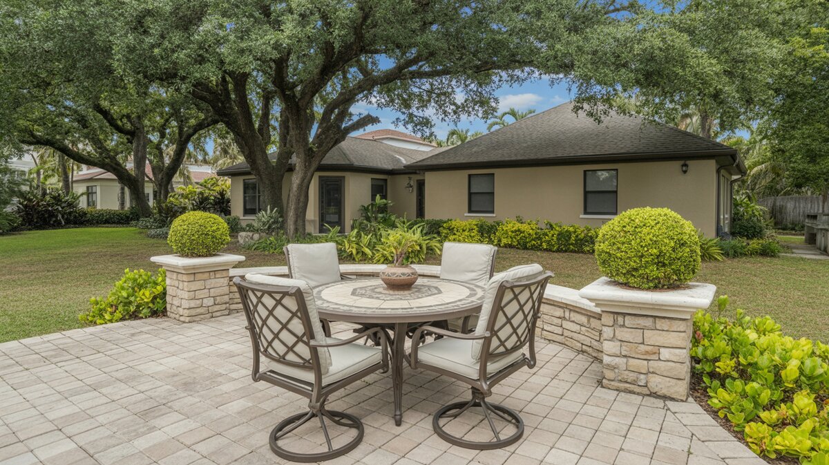 Paver stone patio with round mosaic dining table, swivel chairs, stone pillar planters, and mature live oak trees