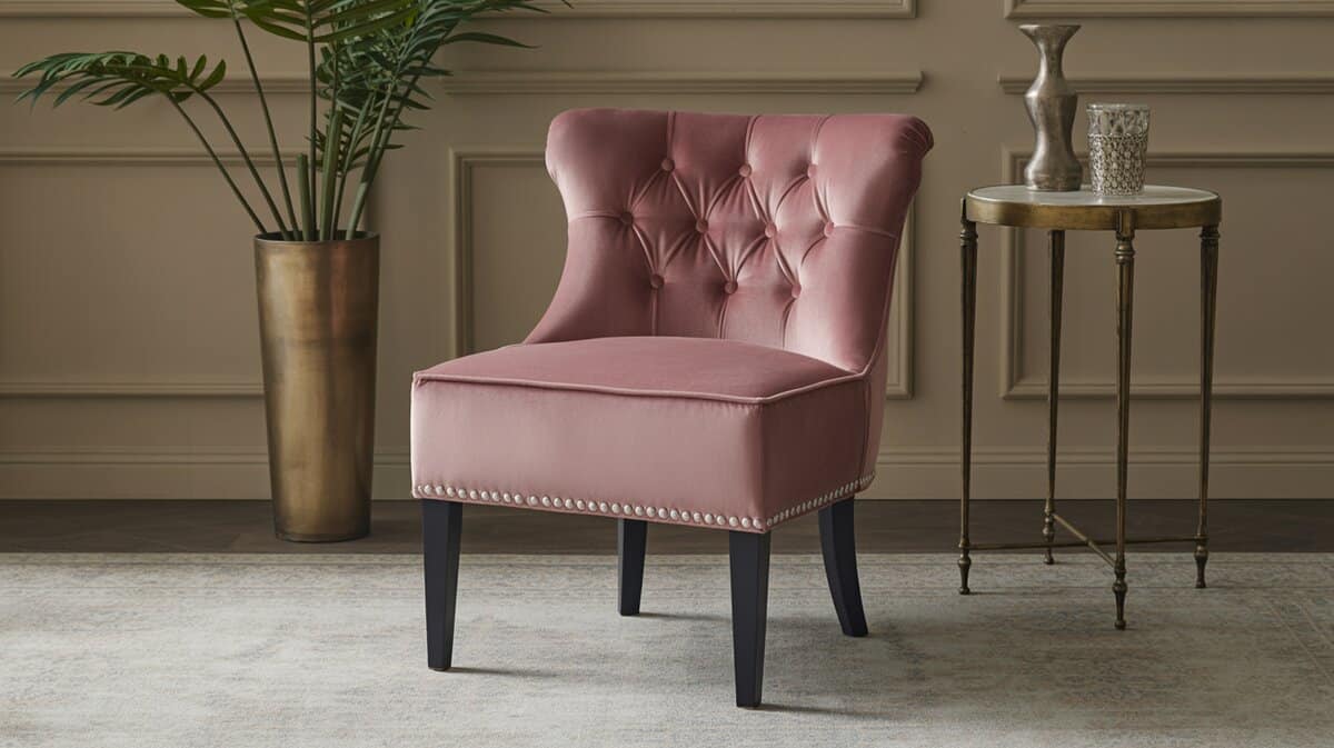 Pink velvet tufted occasional chair with nailhead trim
