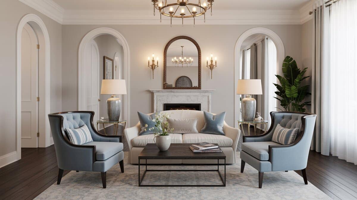 Powder blue accent side chairs in traditional living room