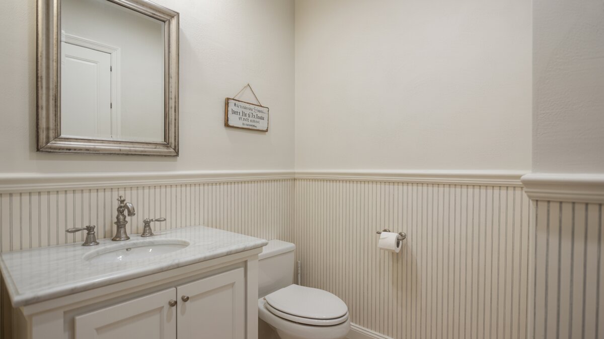 Powder room with white vertical shiplap wainscoting and marble top vanity