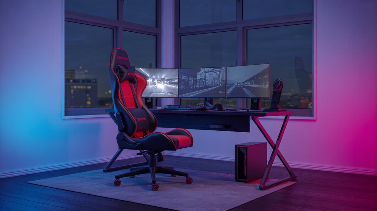 Red and black racing gaming chair in neon lit gaming setup
