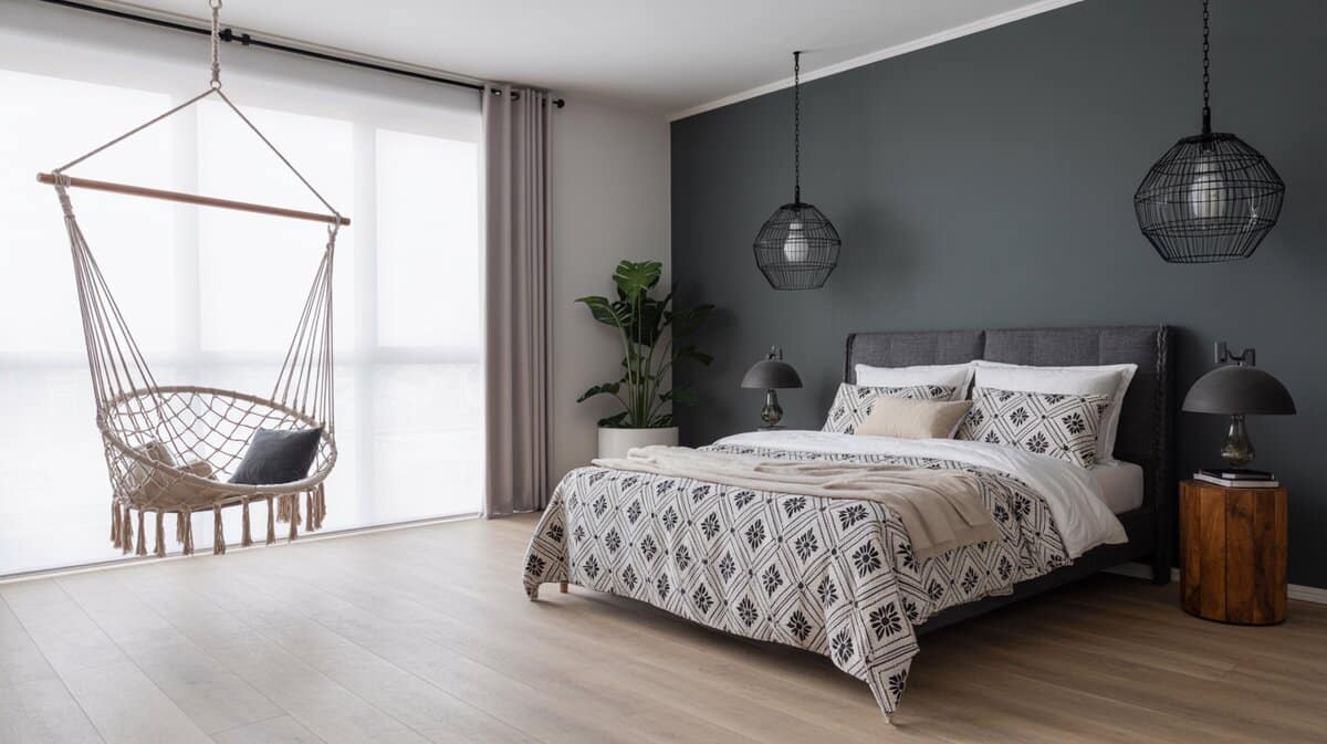 Rope macrame hammock chair hanging in Scandinavian bedroom