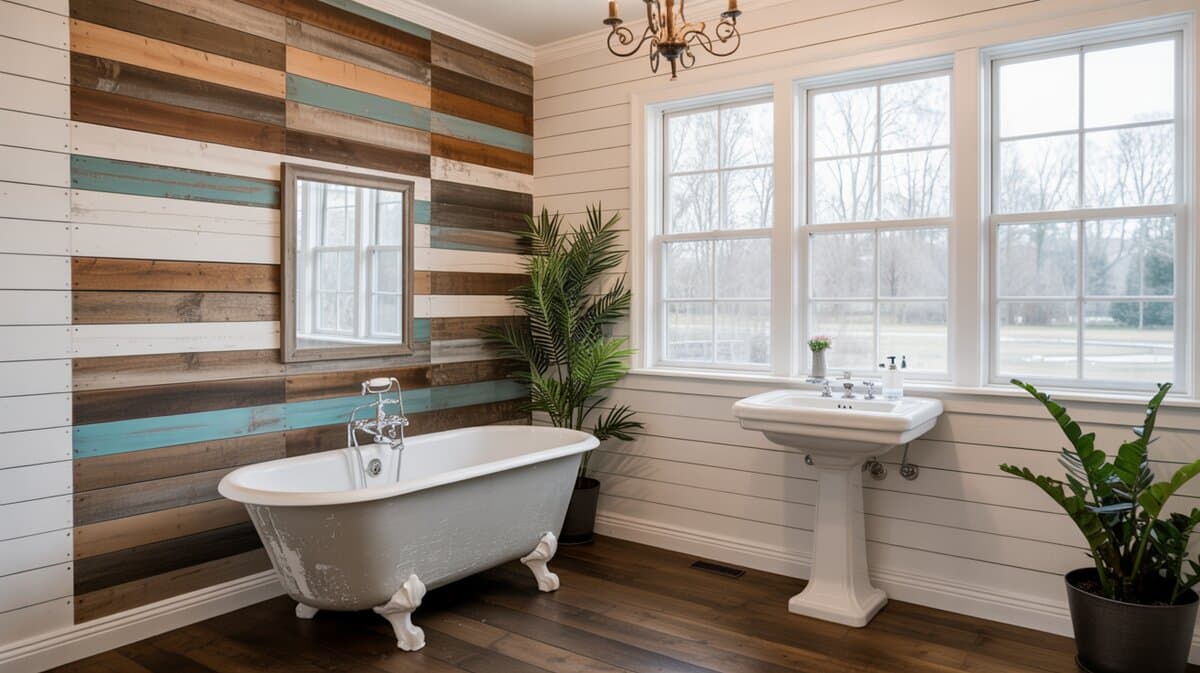 Rustic farmhouse bathroom with reclaimed and white shiplap walls, clawfoot tub, and plants