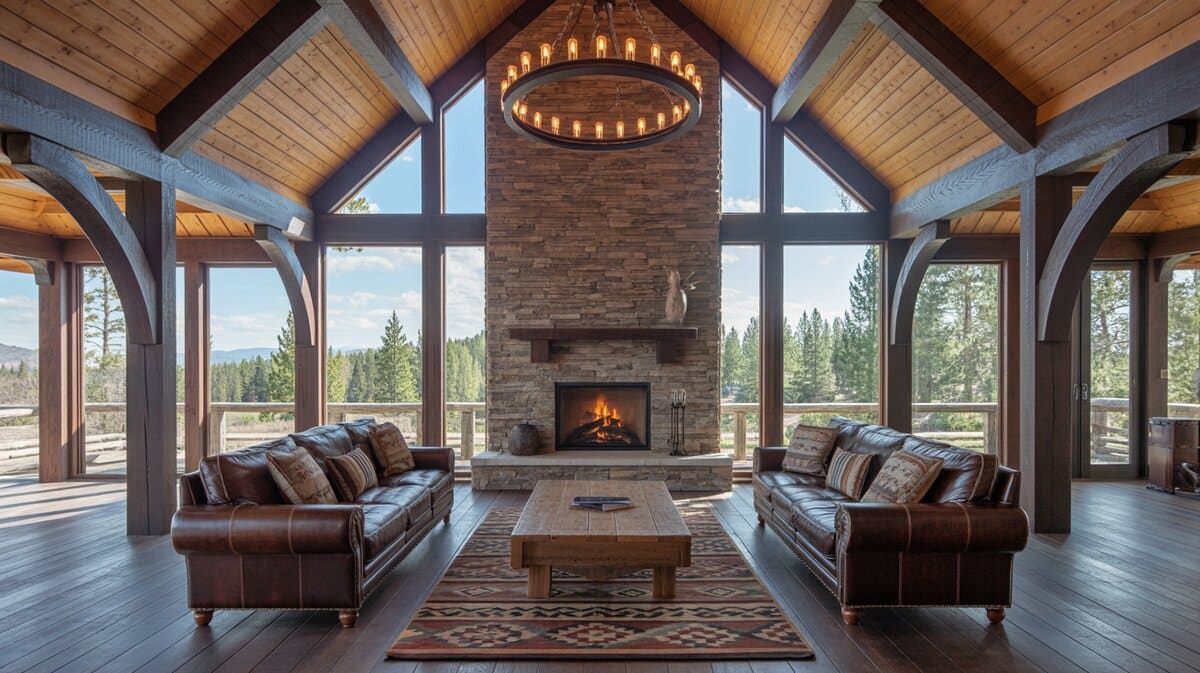 Rustic interior design great room with vaulted wood beam ceiling, stone fireplace, and pine tree view