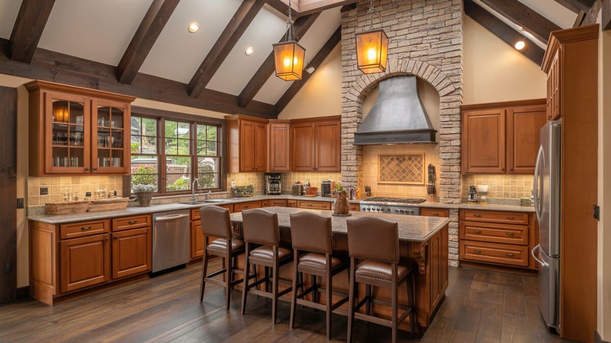 Rustic interior design kitchen with vaulted beamed ceiling, honey cabinets, and stone arch range hood