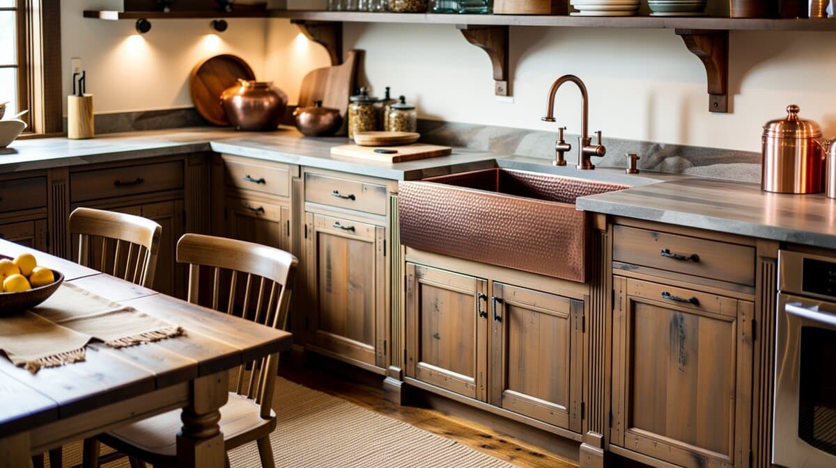 Wood stain cabinetry with black ornate hardware pulls