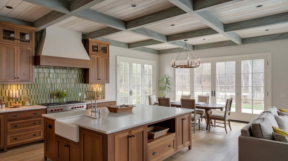 Rustic farmhouse kitchen with walnut cabinets, farmhouse sink island, green tile backsplash, and beam ceiling