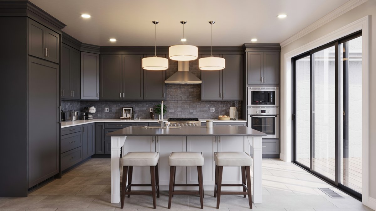 Charcoal flat-front cabinets with a white island, trio of drum pendants, stone backsplash, and glass sliding door.