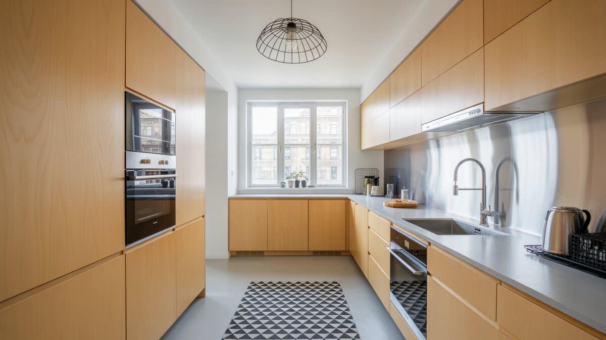 Scandinavian galley kitchen with light birch plywood cabinets stainless steel backsplash and industrial pendant light