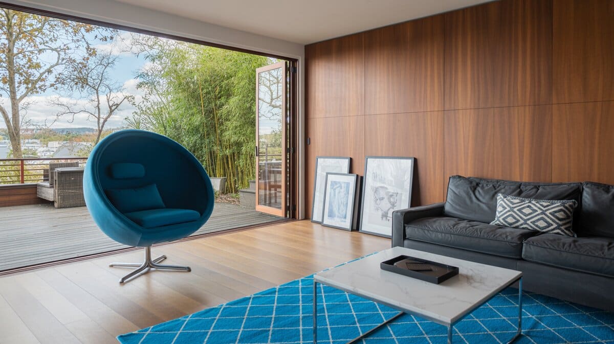 Scandinavian interior design living room with walnut accent wall, blue chair, and sliding glass doors