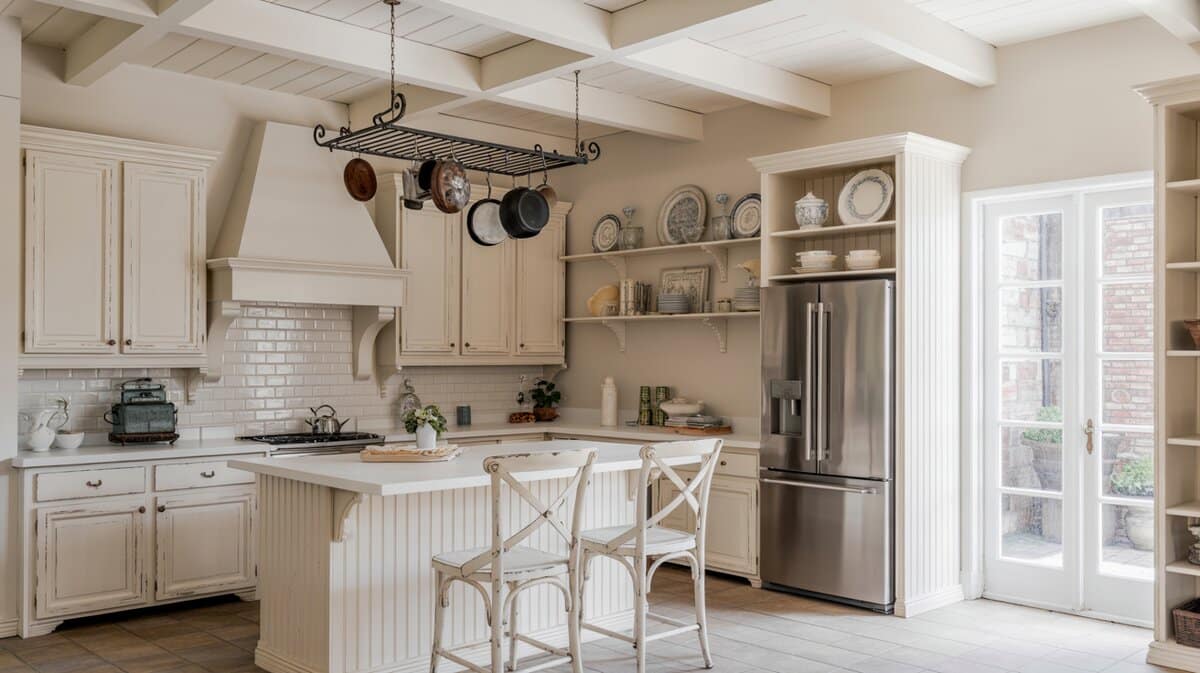 Shabby chic interior design kitchen with white beamed ceiling, pot rack, and open china shelves