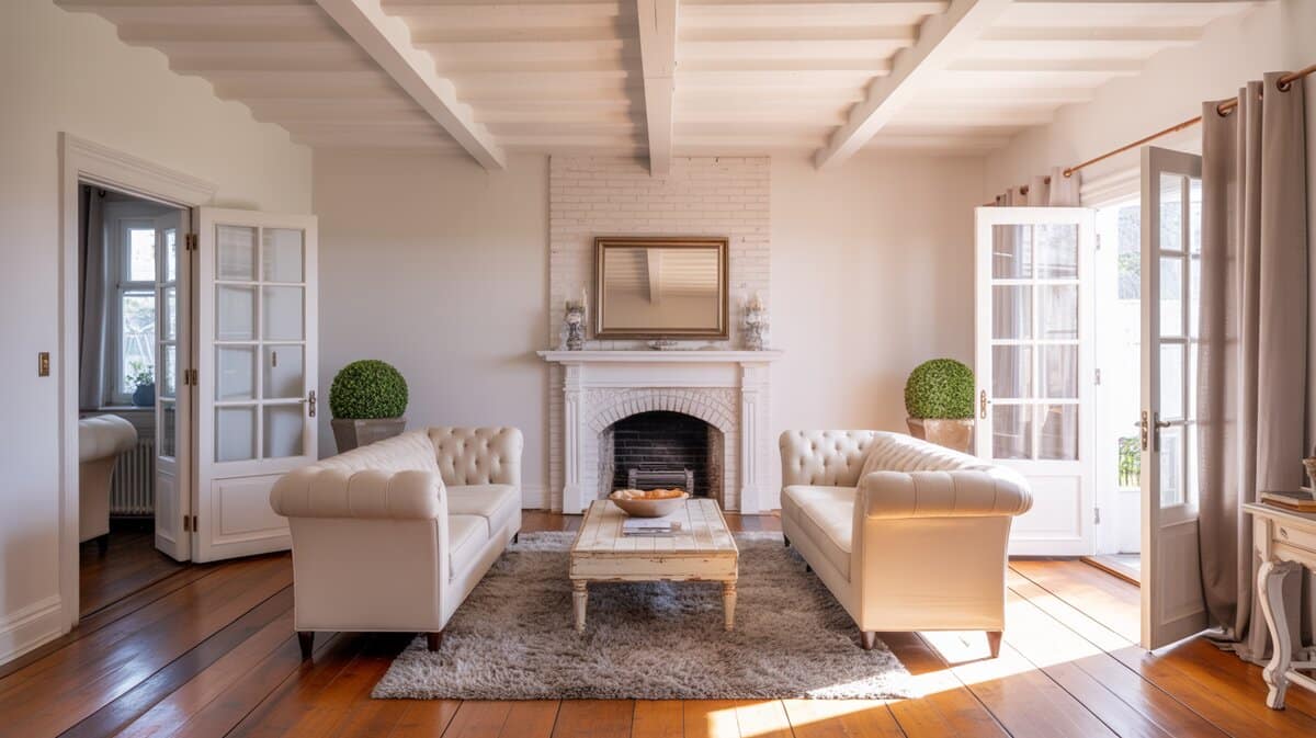 Shabby chic interior design living room with white beam ceiling, brick fireplace, and cream sofas