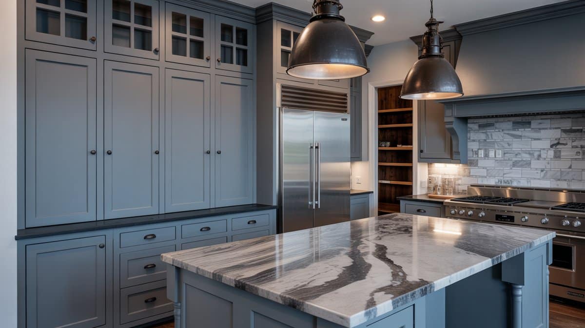 Mid-gray shaker kitchen with white butcher-block peninsula, open cage wire pendants, and light wood-look tile floors.