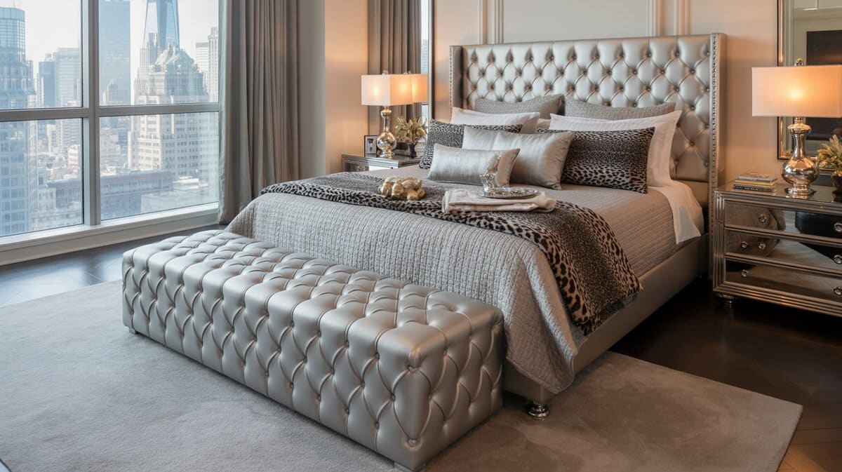 Silver tufted ottoman bench in glamorous bedroom with city view