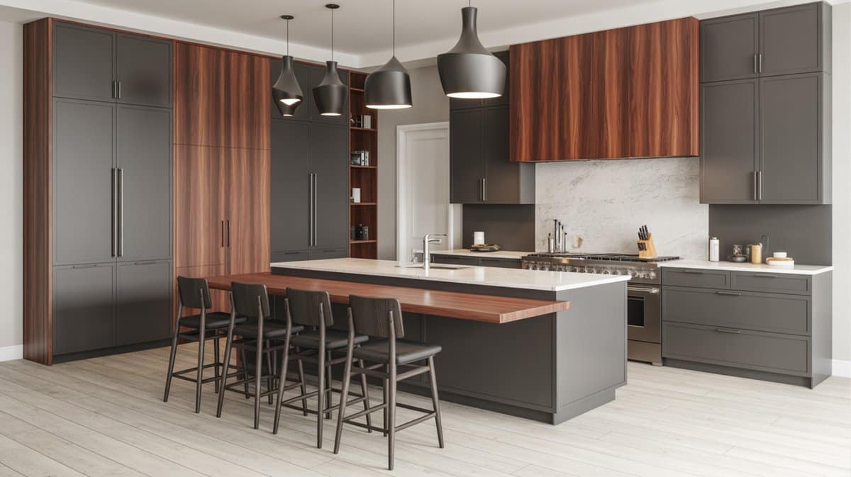 Dark charcoal flat-front cabinets paired with walnut wood panels, matte black cone pendants, and walnut island extension.