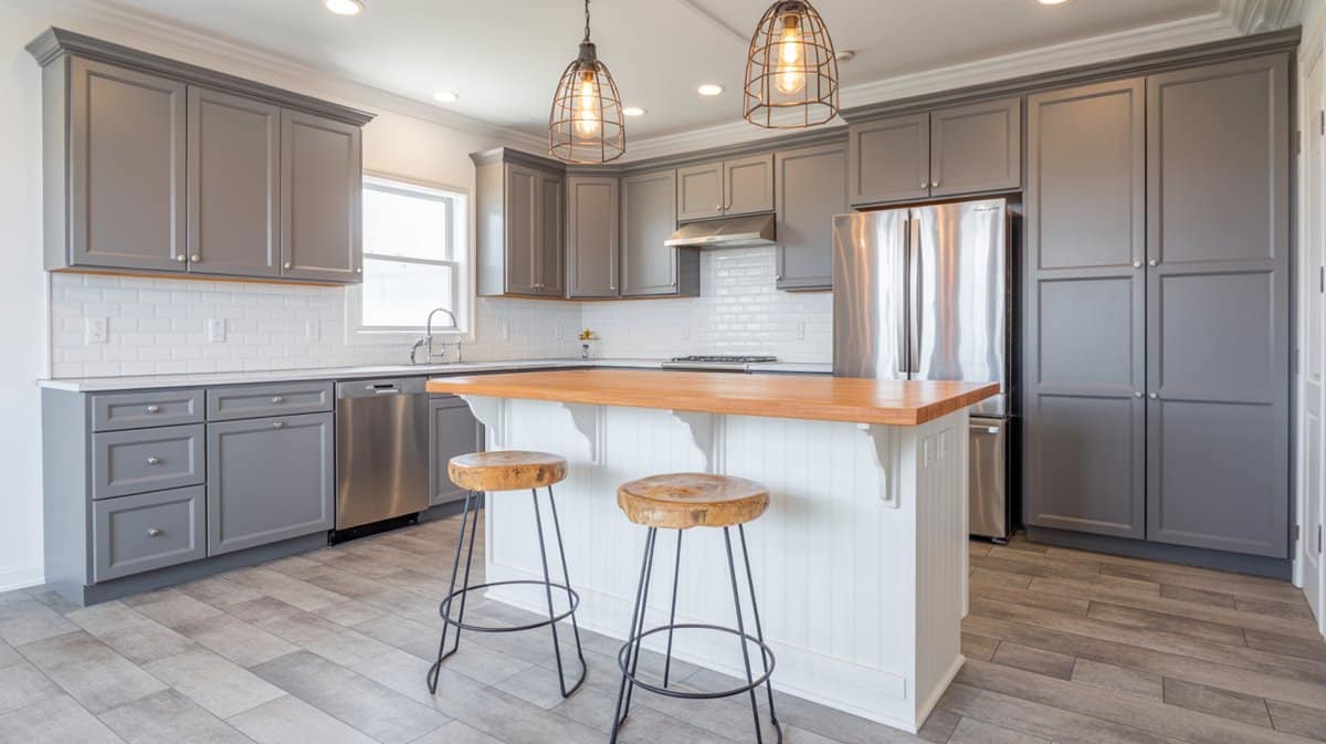 Slate-blue shaker cabinets with oversized marbled island, large industrial dome pendants, and stone mosaic backsplash.