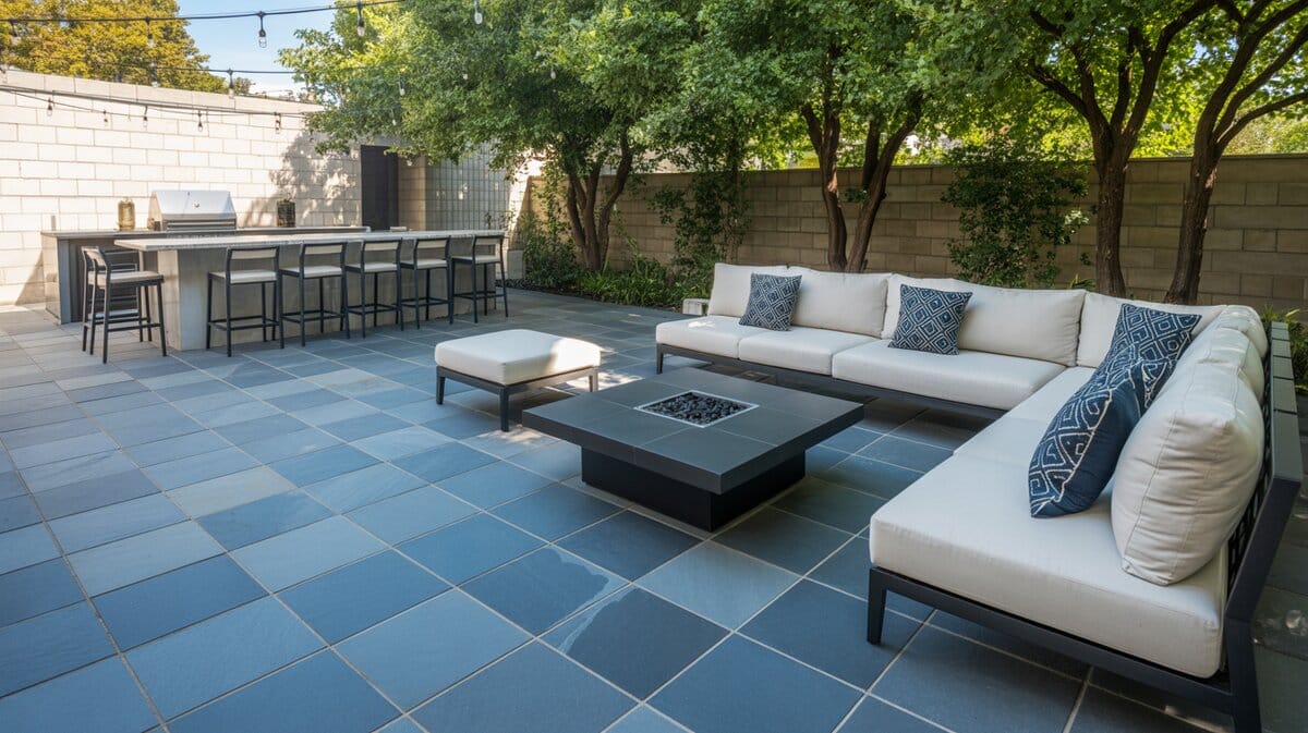 Slate tile patio with white L-shaped sectional sofa, square fire table, and outdoor kitchen bar with bar stools