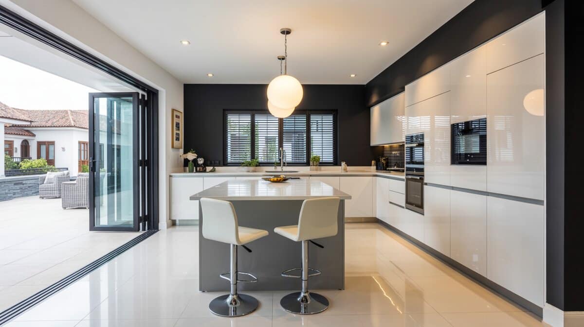 Sleek white handleless kitchen with charcoal accent wall and bifold glass doors to patio