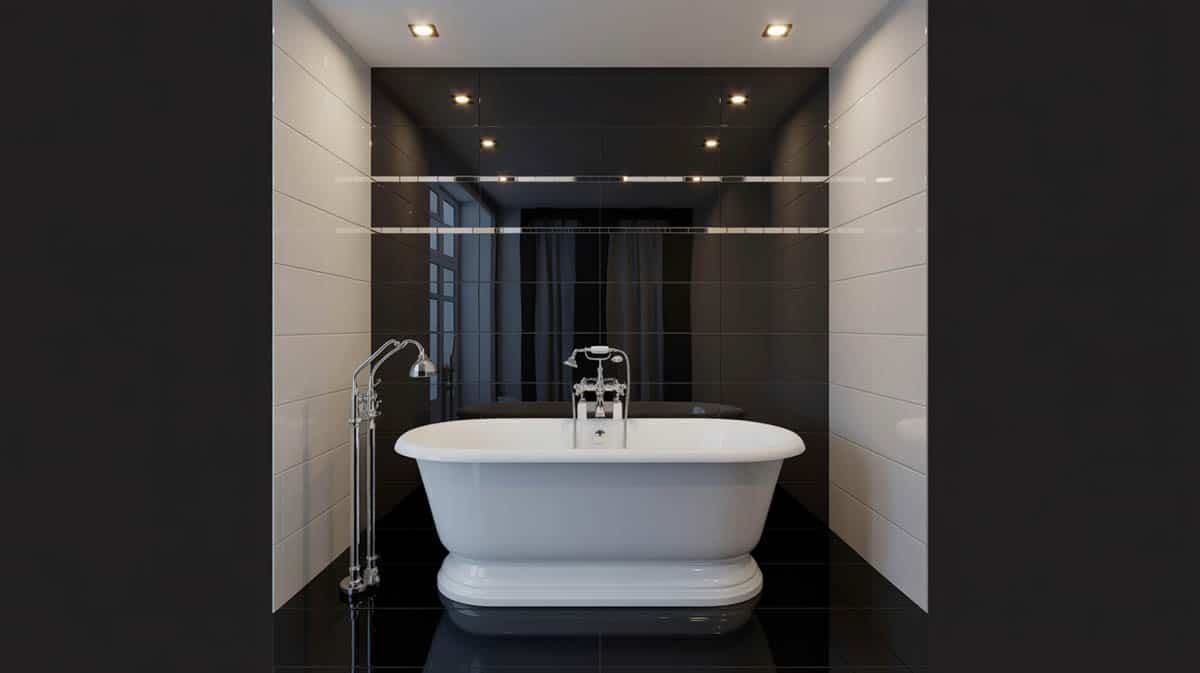 Small contemporary bathroom with black high-gloss ceramic tile accent wall and white freestanding soaking tub