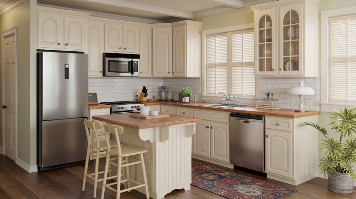 Small cottage kitchen with cream arched cabinets, butcher block counters, and drop-leaf portable island