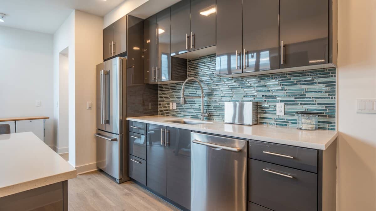 Small galley kitchen with glossy charcoal cabinets and colorful blue aqua glass mosaic tile backsplash