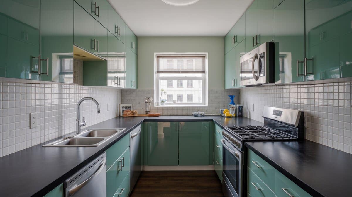 Small galley kitchen with muted teal sage green glossy cabinets and dark black countertops