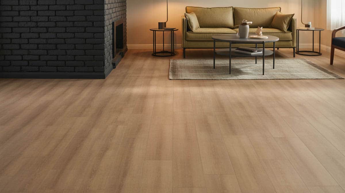 Small living room with a single matte black painted feature wall and warm beige laminate floor