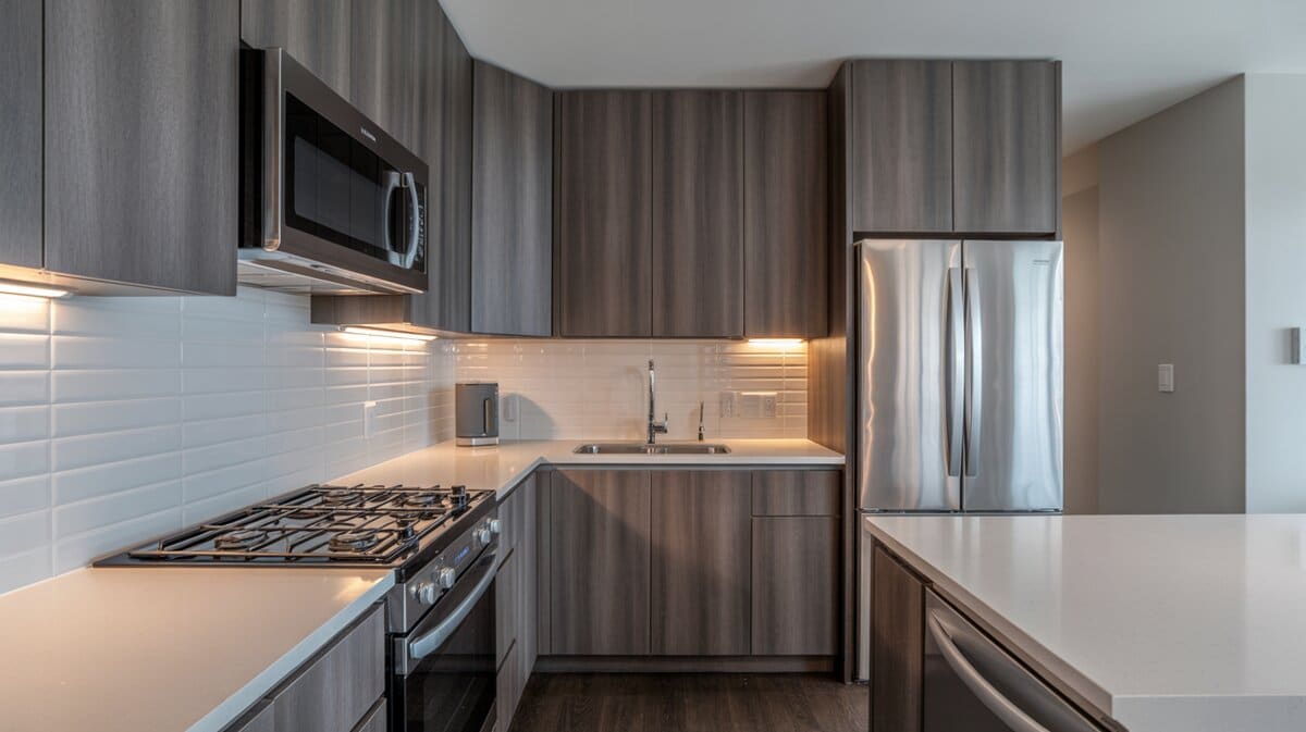 Small modern galley kitchen with dark gray wood-grain cabinets and warm LED under-cabinet lighting