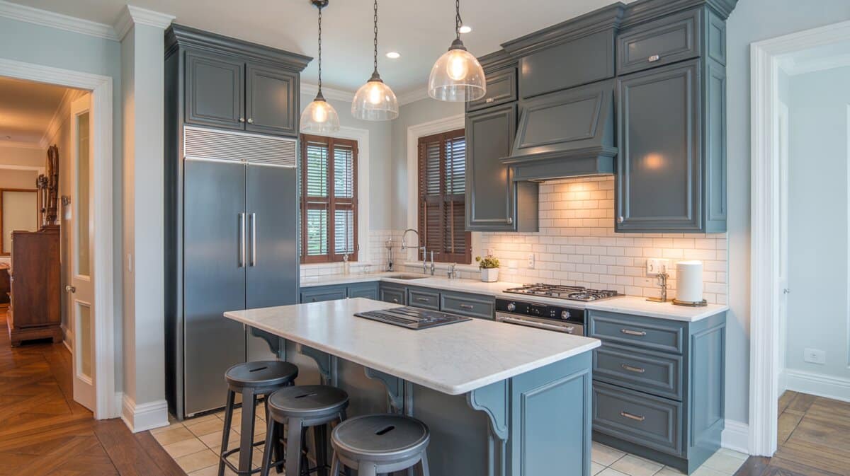 Small gray shaker kitchen with white marble peninsula, subway tile, and glass dome pendants